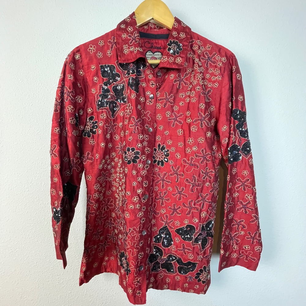 Chico's‎ Red Beaded Embroidered Long Sleeve Event Holiday Shirt Women's Top